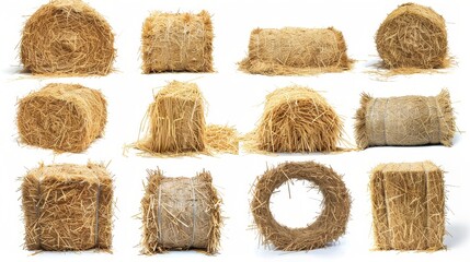 Closeup view of dry crop hay bale stack over white background isolated