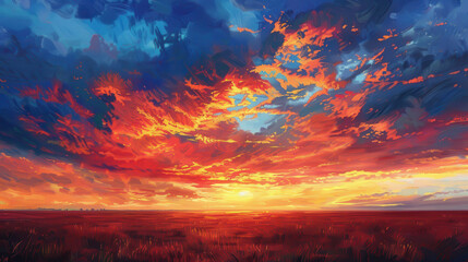 Naklejka premium A painting of a sunset with a large orange and red sky