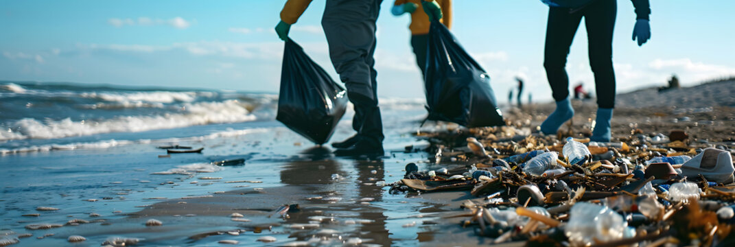 A group of people cleaning up the beach. pickingup trash in black plastic bags