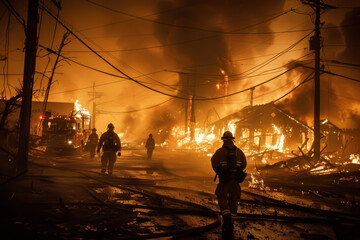Fototapeta premium A group of firefighters are walking through a burning building