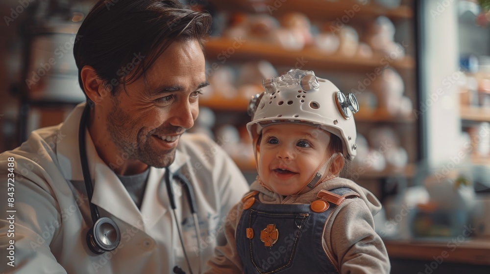 Poster create an image of a neurologist presenting a 3d-printed cranial