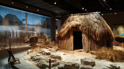 A museum exhibit of a hut with a grass roof