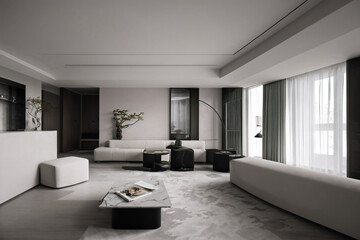 Dark living room interior with black empty wall. Stylish Interior Design Background. Industrial Living Room