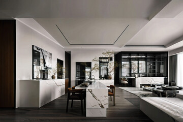 Dark living room interior with black empty wall. Stylish Interior Design Background. Industrial Living Room