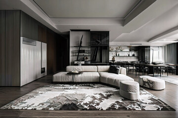 Dark living room interior with black empty wall. Stylish Interior Design Background. Industrial Living Room