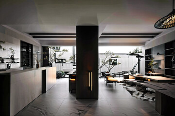 Dark living room interior with black empty wall. Stylish Interior Design Background. Industrial Living Room