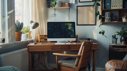 A cozy home office setup featuring a wooden desk, computer, and an array of plants, illuminated by natural light through large windows.