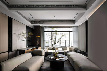 Dark living room interior with black empty wall. Stylish Interior Design Background. Industrial Living Room