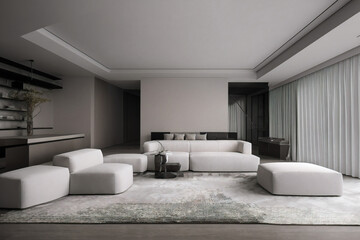 Dark living room interior with black empty wall. Stylish Interior Design Background. Industrial Living Room