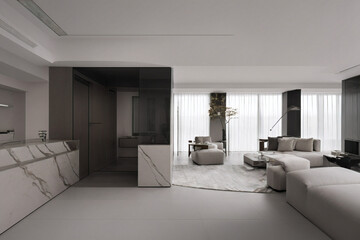 Dark living room interior with black empty wall. Stylish Interior Design Background. Industrial Living Room