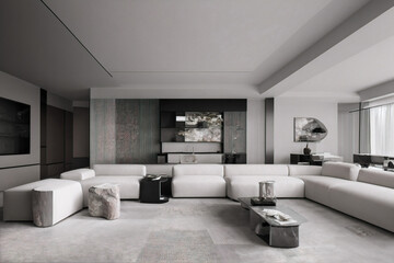 Dark living room interior with black empty wall. Stylish Interior Design Background. Industrial Living Room