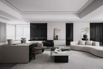 Dark living room interior with black empty wall. Stylish Interior Design Background. Industrial Living Room