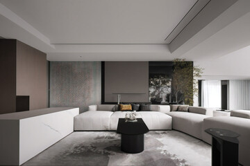 Dark living room interior with black empty wall. Stylish Interior Design Background. Industrial Living Room