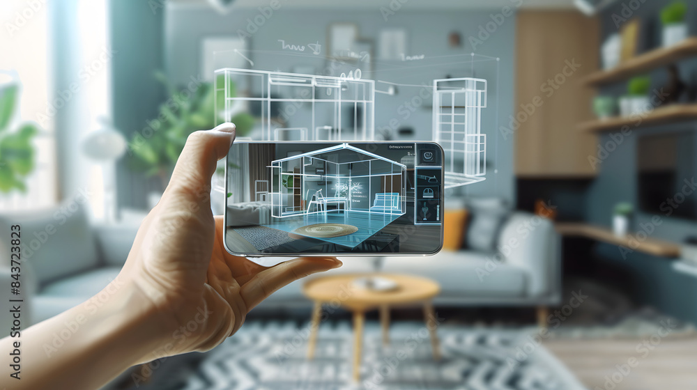 Poster a hand holding an phone with the ar interface open. displaying holographic furniture and building bl