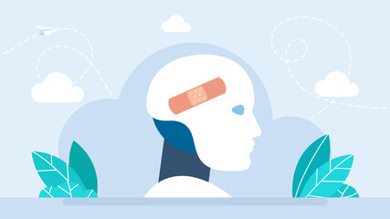 A medical patch is stuck on the robot's head. Sad broken robot with warning symbol. Program bug, technical mistake, critical failure, online connection error, server problems. Flat illustration