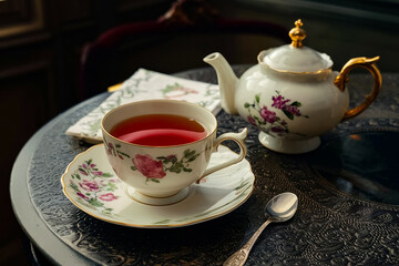 Fototapeta premium A cup of hot tea on a fine china saucer