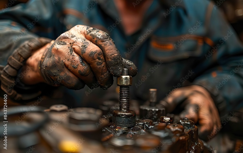 Poster close-up of a mechanic's dirty hands working with greasy engine parts in a workshop
