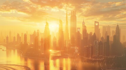 Fototapeta premium Aerial view of a modern city skyline at sunrise, with sunlight reflecting off the skyscrapers and serene river in the foreground