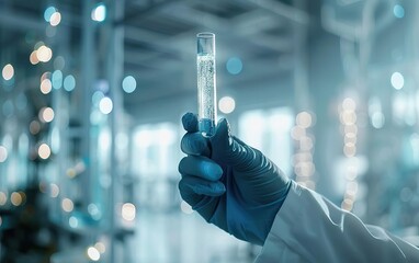 Scientist holding test tube in modern laboratory. Scientific research and innovation concept with focus on glassware and advanced technology