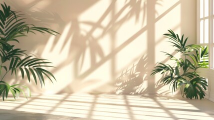 Sunlit room with indoor plants casting beautiful shadows on the neutral-colored wall, serene and natural atmosphere.