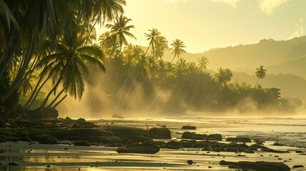 Rocky tropical beach with palm tree