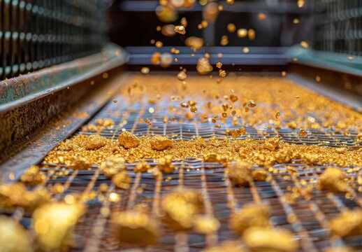 A close up of gold nuggets on a sieve filter with fine soil particles falling through, highlighting the richness of the resource