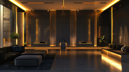 Modern luxury hall interior with sleek dark furniture, minimalistic design, and ambient LED lighting.