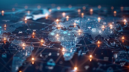 Obraz premium Global network connection visualized with glowing human icons across the world map, social media and communication