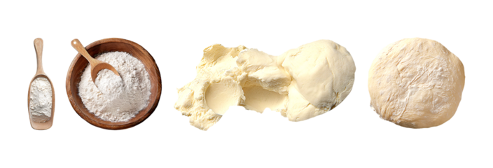 A wooden bowl and scoop overflowing with flour, a mound of smooth, elastic dough, and a perfectly round ball of dough, all set against a transparent background.