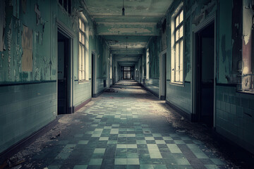 A long hallway with a lot of peeling paint and a lot of debris on the floor - Powered by Adobe