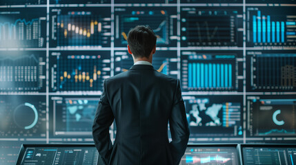 Fototapeta premium Businessman Analyzing Multiple Data Screens in High-Tech Control Room