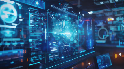 A computer monitor displays a blue screen with a map of the world