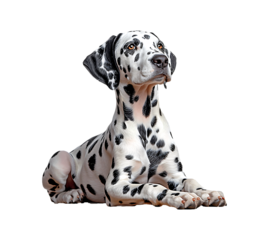 Dalmatian dog, a playful pup with distinctive black spots, lies attentively, gazing upwards with curiosity.