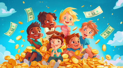 Fototapeta premium Happy Children Sitting on Pile of Gold Coins and Dollar Bills with Blue Sky