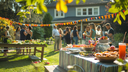 Neighbors gathered in a community garden, tables set up with food and drinks, festive decorations, upper third copy space