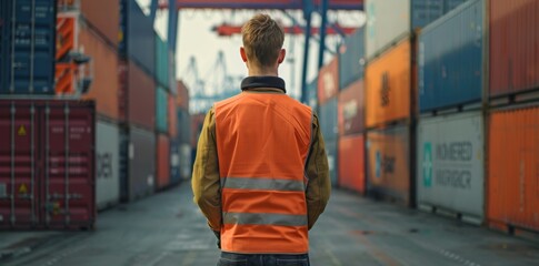 Worker in high-visibility vest stands at the freight port