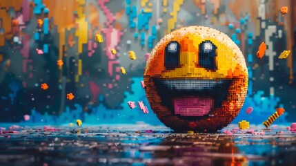 Horizontal banner. World Emoji Day. Funny 3d emoji laughing. Pixel design, multi-colored background. Free space for text, copy space