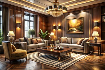 Fototapeta premium Step into a world of Art Deco opulence with a cinematic living room featuring luxurious wooden furniture, accented by lavish decor and rich textures.