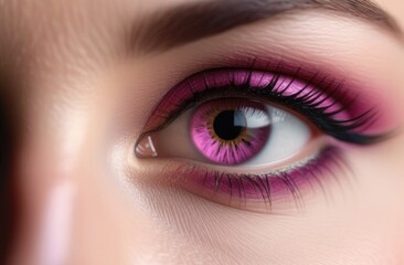 Close-up eye with bright purple lens, multicolored eyes, eyeshadow on the eyelid
