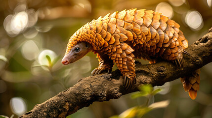 Obraz premium A pangolin perched on a tree branch in a forest setting, showcasing its unique scale pattern and natural habitat