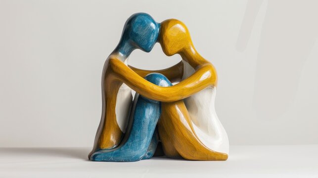 Yellow blue and white Galos sculpture symbolizing affection with a seated couple embracing and leaning close together