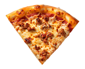 Pizza slice, a single, savory triangle topped with melted cheese and seasoned ground beef.