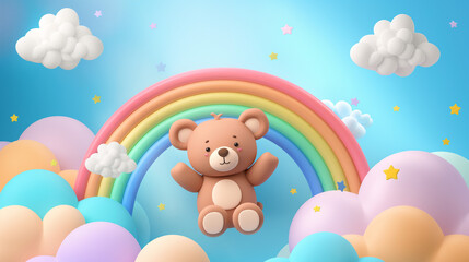 cute bear floating in the sky, rainbow cloud background