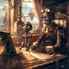 Steampunk Ship Captain.  Generated image.  A digital rendering of a Steampunk ship captain sitting at his desk with a small robot assistant.