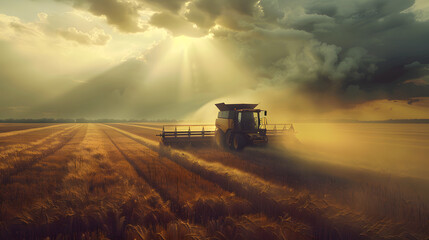 Obraz premium A harvester is harvesting wheat in the field.with dark clouds and sun rays shining on it 