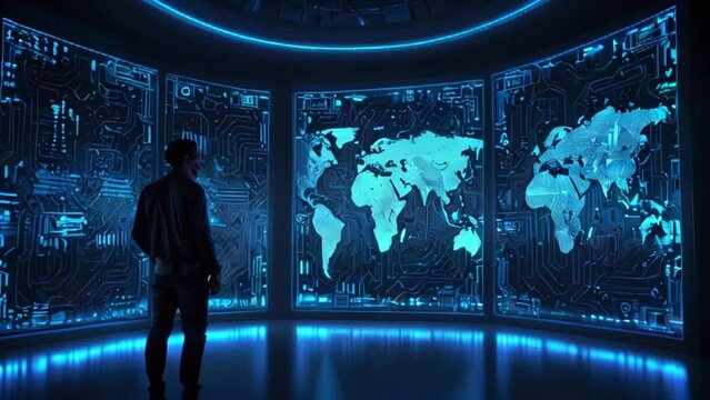 A person is standing in a room looking at a large screen with a map of the world on it. The room is dark and the screen is bright.