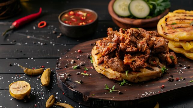 fried or chopped  Veal chicken beef chorizo yuca and arepa traditional colombian food : Generative AI