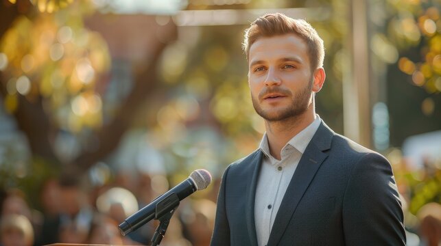 Confident young man speaking at an outdoor event with a microphone, surrounded by a blurred audience and autumnal background.