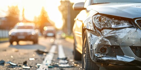 Close up view of a damaged car on the road following an accident, with other vehicles and debris in the background at sunset.