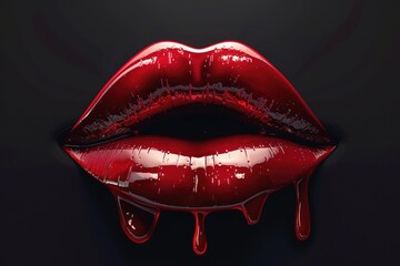 Close up of glossy red lips with blood dripping against a dark background, evoking a sense of mystery and intrigue.